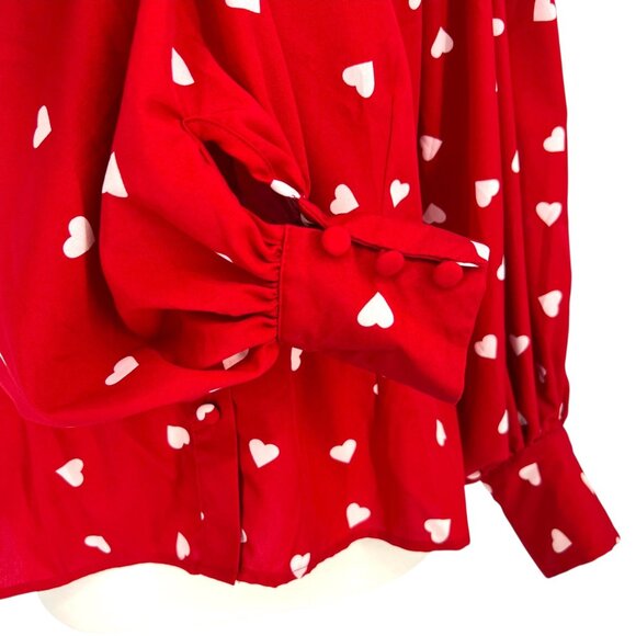 Unique Vintage Gwen Red White Heart Print Blouse Puff Sleeve Size Large - Picture 9 of 12